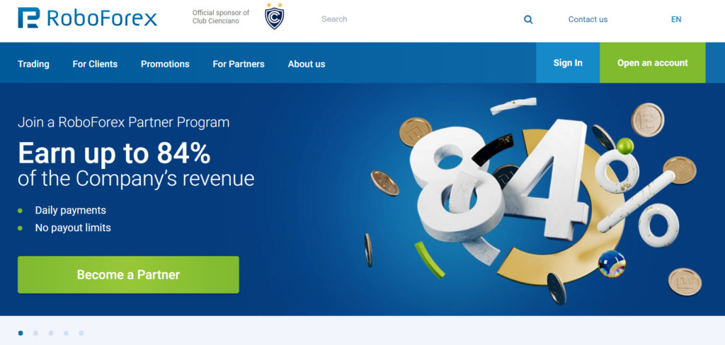 The homepage of the Roboforex website