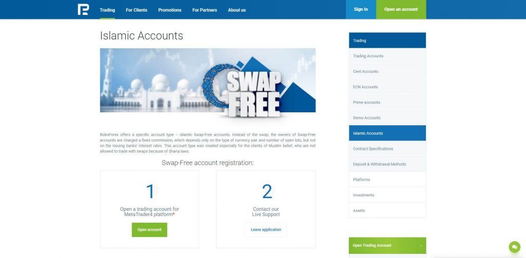 roboforex islamic account features